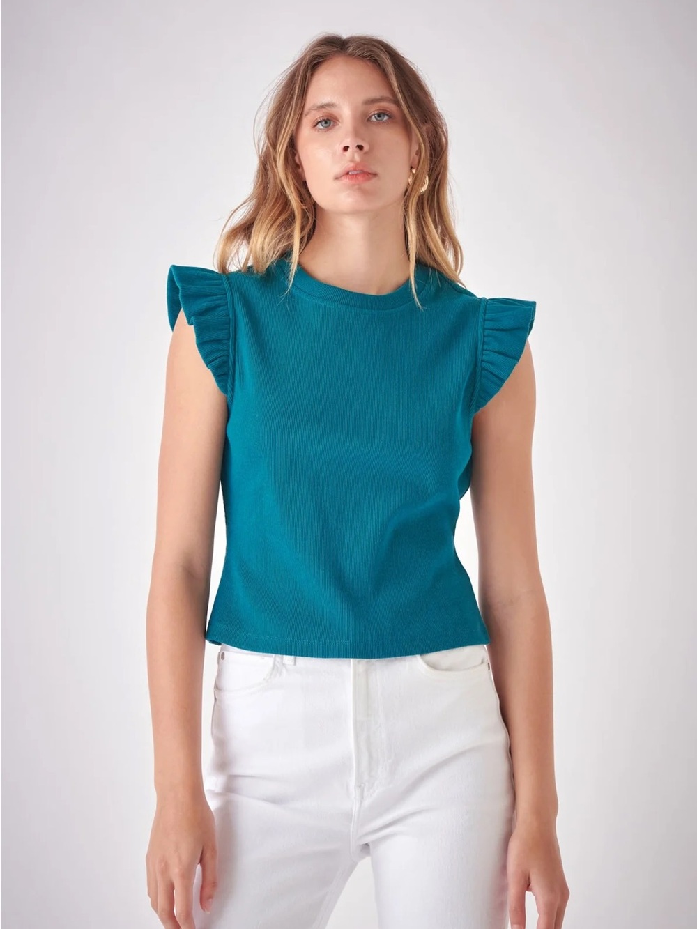 Free the Roses Anthropology Ruffled Sleeve Knit Tank Top - Teal Sz Sm